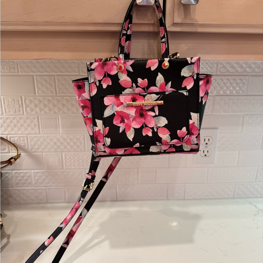 Floral Pink and Black Small Crossbody Tote Bag